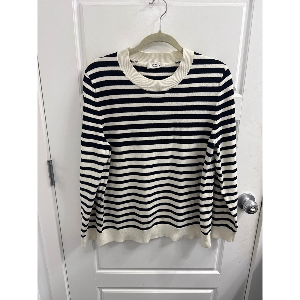 COS‎ Womens Striped Cotton Crewneck Sweater Black White Long Sleeve Size L